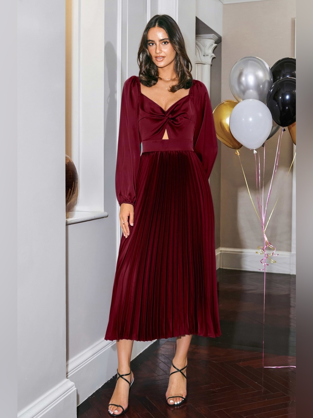 Cupshe Midnight Tango Red Burgundy Pleated Midi Cocktail Dress- Large